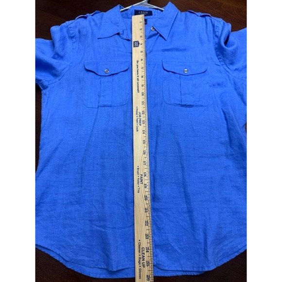 Chaps Classic 100% Linen BLUE Button Down Shirt Women LARGE Roll Tab 3/4 Sleeve - Picture 5 of 7